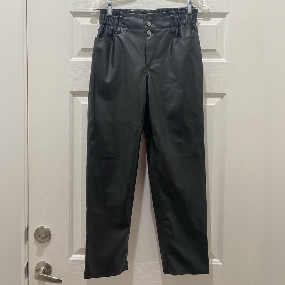 High Rise Faux Leather Black Pants, S